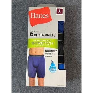 Hanes Performance Boxer Briefs Mens Small Blue/Black New 6 Pack Stretch Long Leg